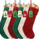 Christmas Stockings, 18 Inch Large Personalized Family Christmas Stockings with Name Tags, Classic Cable Knitted, Green Burgundy Ivory White, 6 Pcs