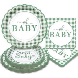 75 Pcs Sage Green Baby Shower Plates and Napkins Party Supplies, Sage Green Baby Shower Decorations, Gingham Paper Plates for Gender Neutral Oh Baby Decor, Scalloped, Serve 25 Guests