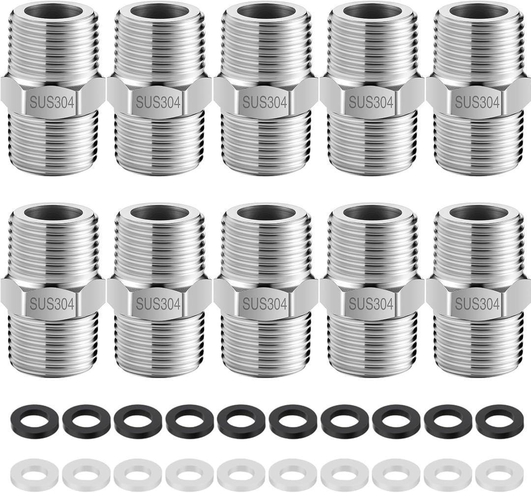 10 Pack Shower Hose Extension Connector Kit,1/2 to 1/2 Shower Hose Adapter,Applied to Connect Two Hoses, Includes Rubber Washers and 2 Plumber's Tapes for Leakproof Extension,304 Solid Stainless Steel