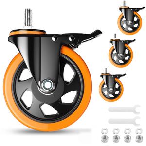 5 Inch Caster Wheels, Threaded Stem Casters Set of 4 Heavy Duty, Swivel Casters 1/2"-13 x 1 (Screw Diameter 1/2", Stem Length 1"), Safety Dual Locking Industrial Casters, Wheels for Cart, Furniture