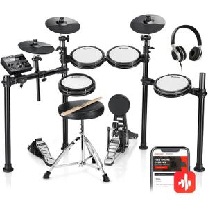 Donner DED-200 Electric Drum Sets with Quiet Mesh Drum Pads, 2 Cymbals w/Choke, 31 Kits and 450+ Sounds, Throne, Headphones, Sticks, USB MIDI, Melodics Lessons (5 Pads, 3 Cymbals)