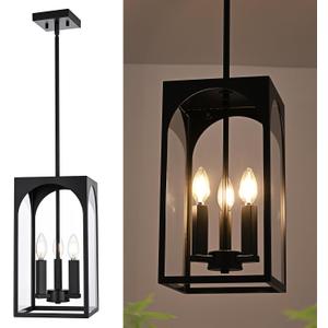 3 Lights E12 Outdoor Pendant Lighting Fixture in Black Finish Finish, Farmhouse Hanging Lantern Chandelier with Clear Glass Shade for Porch Entryway Hallway