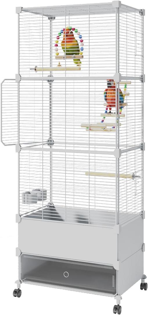 Bird Cage Parakeet Cage with Bird Toys & Slide-Out Tray, Wooden Perches, Rolling Stand, Swing & Bowls  Spacious Indoor Bird House for Parrot, Parakeets, Cockatiel, Lovebird and Small Mid-Sized Birds (WH 18''Lx14'W'x57''H)