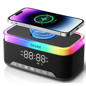 GILLIER Wireless Charging Alarm Clock Radio for Bedrooms – 15W Fast Wireless Charger Station for iPhone/Samsung, Bluetooth Stereo Speaker with FM Radio, Dimmable Display, USB Port, Sleep Timer, Black