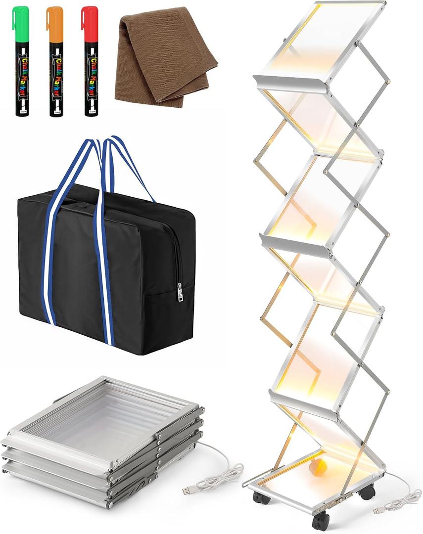 Foldable Magazine Rack with LED, Double Sided 6 Pocket Acrylic Literature Display Stand, Aluminum Pop-up Holder with Locking Wheels & Carrying Bag, Multipurpose for Exhibition, Office, Retail Store