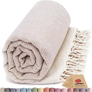 Turkish Beach Towel 100% Cotton Bath Towels Quick Dry Sand Free Lightweight Large Oversized Herringbone Beige