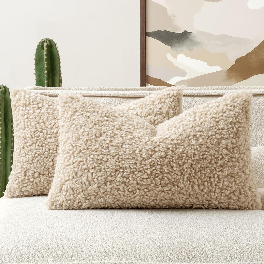 Woaboy Faux Fur Throw Pillow Covers 20x12 Inch Set of 2 Boucle Neutral Decorative Lumbar Sherpa Fuzzy Accent Soft Sheepskin Fleece Cushions Modern Home Decor for Couch Sofa Bedroom Living Room, Oatmeal