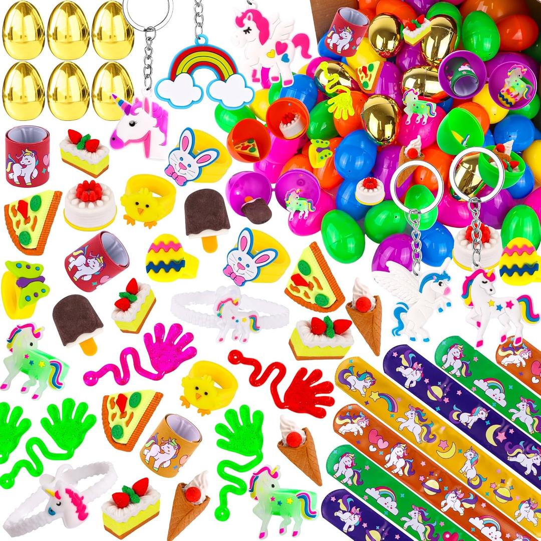 [ 6 Surprise Golden Eggs ] 100 Pack Prefilled Easter Eggs with Assorted Toys Inside, Easter Basket Stuffers Easter Party Favors for Kids Boys Girls, 100 Plastic Easter Eggs Fillers with Fidget Toys