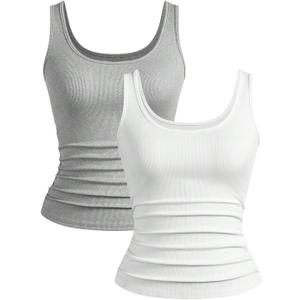 SOLY HUX Women's Basic Tank Tops 2 Packs Scoop Neck Sleeveless Ribbed Fitted Layer Shirts (White, S)