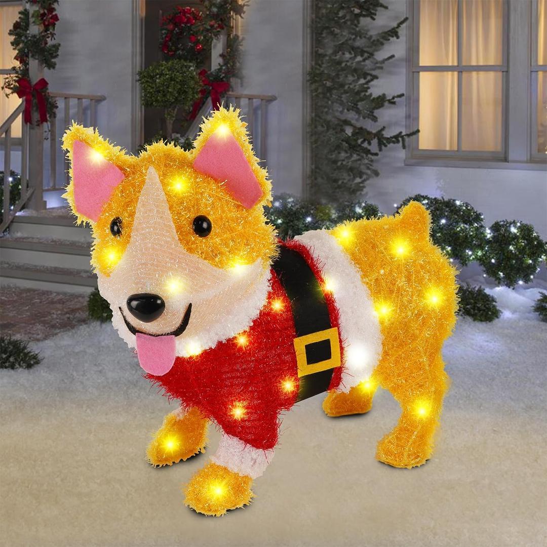 WATERGLIDE Christmas Outdoor Decoration Lighted Dog, 17 Inch Height Pre-Lit 3D Tinsel Cute Puppy Xmas Indoor Outside Holiday Decor with Clear Lights, Light Up & Plug in for Yard Garden Lawn Display