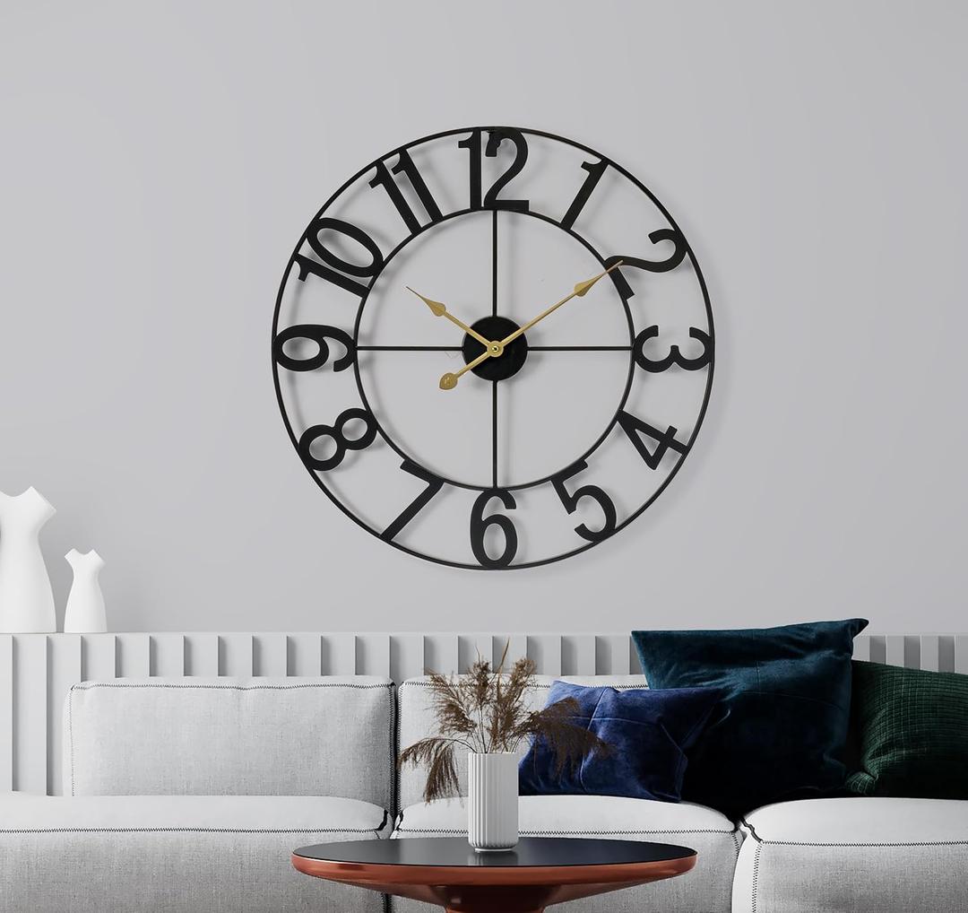 Sorbus 24-Inch Large Wall Clock  Decorative Black Metal Clock with Gold Hands  Silent, Battery Operated, Modern Wall Decor for Living Room, Kitchen, or Office  Great Gift for Housewarming or Office