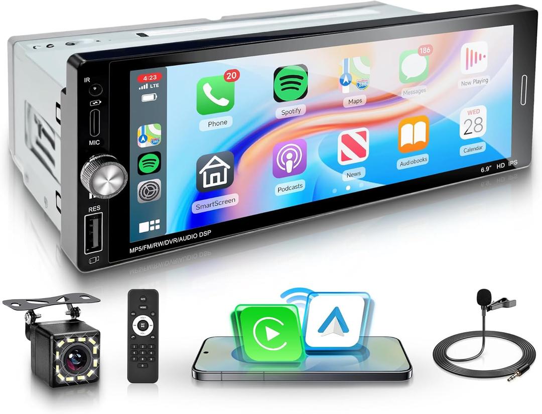 Car Stereo Single Din Wireless Carplay 6.9 inch Touch Screen Android Auto, Rimoody Car Radio with Bluetooth 5.2 Mirror Link FM/EQ USB/AUX/TF/SWC/MIC Car Audio Receiver with Backup Camera