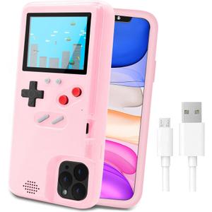 LucBuy Game Console Case Compatible for iPhone 11, Retro Protective Cover Self-Powered Case with 36 Small Games, Full Color Display, Shockproof Video Game Bumper ONLY for 11 - Pink