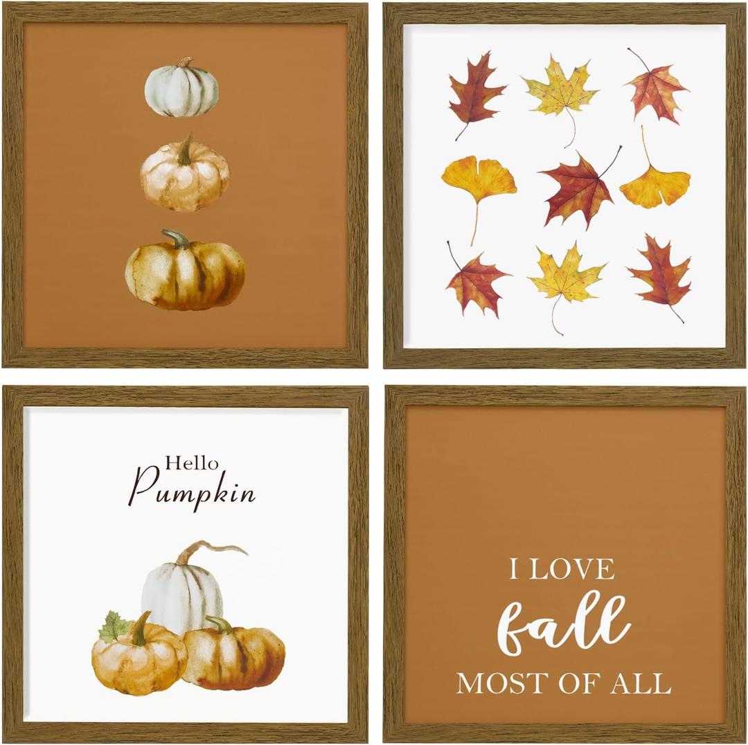ArtbyHannah 10x10 Picture Frame Set of 4, Walnut Picture Frames for Wall Mount, Photo Frame for Posters&Art Prints (Including Extra Fall Wall Art Prints)