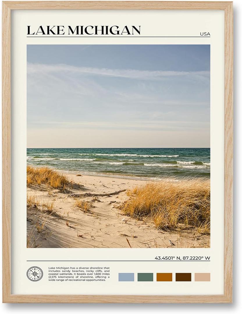 HesenDot Natural OAK Wood Lake Michigan Framed Wall Art,12x16in Natural Scenery Canvas Wall Print,Classic Urban City Landmark Wall Decor for Living Room,Bedroom,Office Gallery Gifts Set of 1