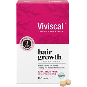 Viviscal Hair Growth Supplements for Women, Thicker Fuller Hair Support for Thinning Hair and Hair Loss, with Biotin and Marine Collagen, Drug-Free, 180 Tablets, 90-Day Supply, Best Before 05/2028 
