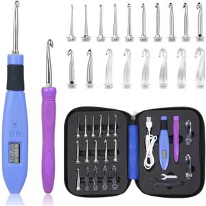 Foxyoo Ergonomic Crochet Hook Set, 18 Interchangeable Metal and Plastic Tips 2.0-14.0mm, Light Up Handle with Counter, Travel Case for Knitting, Crafting, Arthritis, Beginners, Enthusiasts