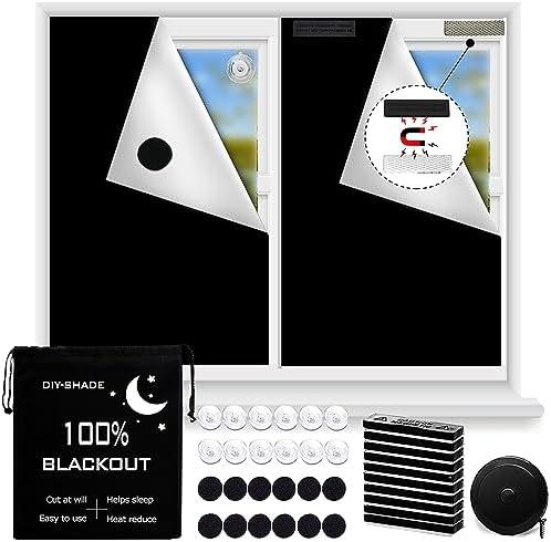 Magnetic Blackout Blind, 100% Portable Blackout Curtain for Bedroom, No Drill Window Shades, DIY Cut Black Out Window Cover with Suction Cups and Magnetic Closure, 2 Way to Put Up (118" x 57")