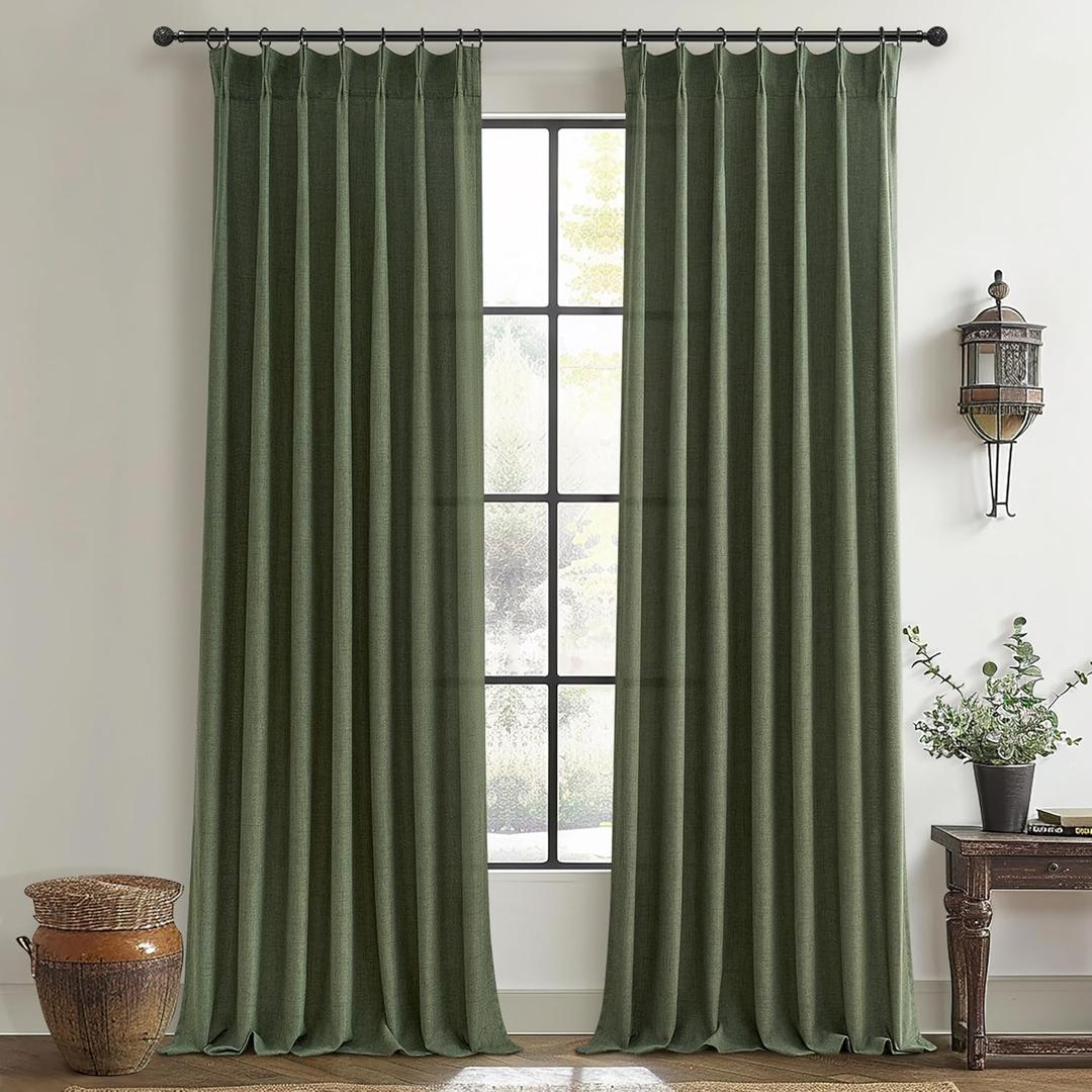 Pleated Drapes Olive Green Sheer Curtains 90 Inches Long 2 Panels Set for Bedroom, Loden Pinch Pleated Linen Dark Academia Window Drapes Light Filtering Privacy Sliding Door Viral Curtain 40"W x 90"L