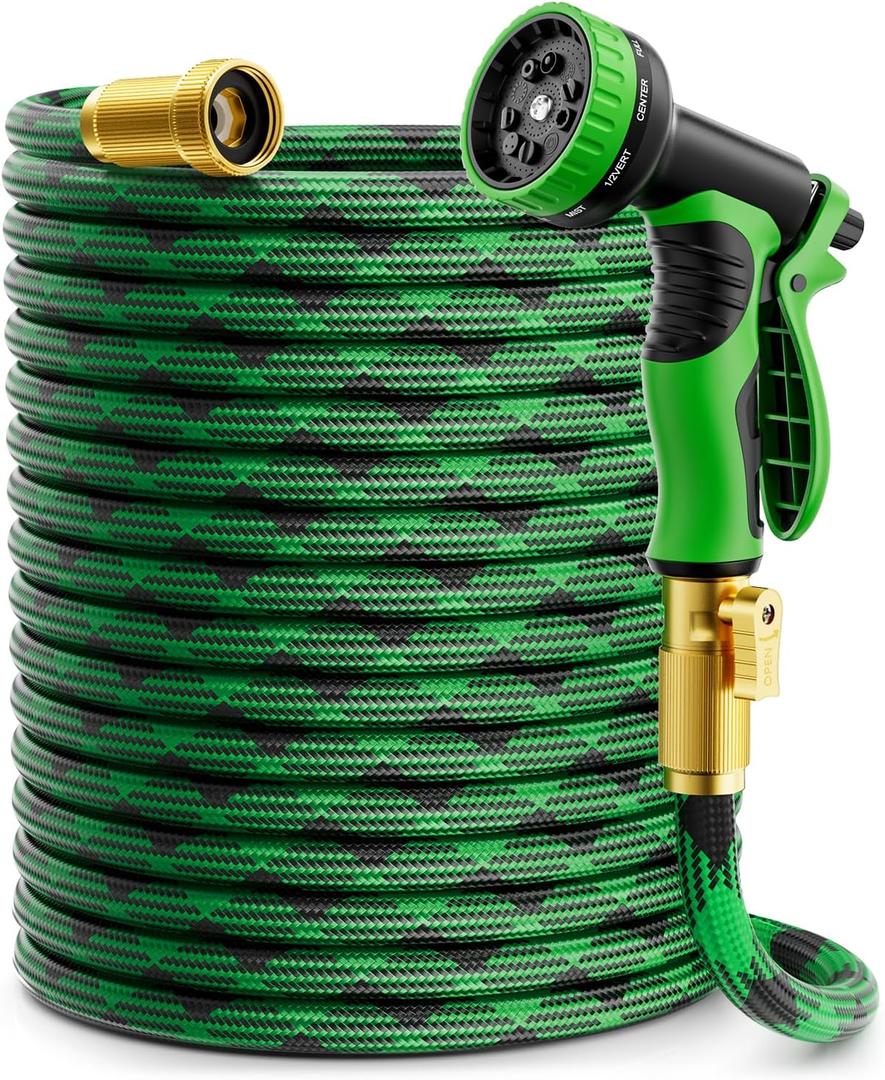Garden Hose 100 ft, 2025 No Kink Expandable Water Hose 100ft with 10 Function Nozzle, Solid Metal Fittings, Durable Outer Fabric, Lightweight, Flexible, Leak-proof, Stretchy for Watering, Car Washing