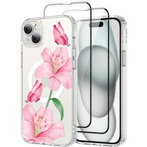 OOK Magnetic Case for iPhone 15 Plus Case Cute Flower Butterfly Design with 2 PCS Screen Protector [Compatible with MagSafe] for Girls Women Floral Clear Slim Phone Cover-Pink Lily Flower