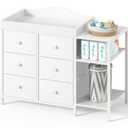 BOLUO Baby Dresser with Changing Table Top, Black Changing Table Dresser with 6 Fabric Drawers Diaper Changing Station with Storage Shelf for Nursery Modern, White