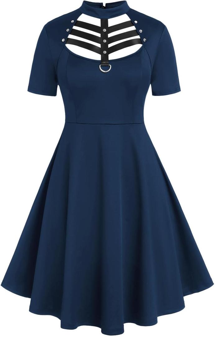 ROSE GAL Rosegal Gothic D-Ring PU Leather Panel Ladder Cutout Dress (2X, Blue_1)