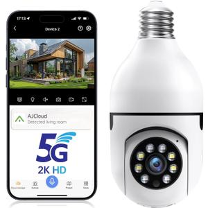 Light Bulb Camera Outdoor, 5G&2.4GHz Wireless Lightbulb Security Cameras for Home Security, Two-Way Talk, Color Night Vision, Human Detection, 2-IN-1 Bulb Security Camera Compatible with Alexa (1Pack)