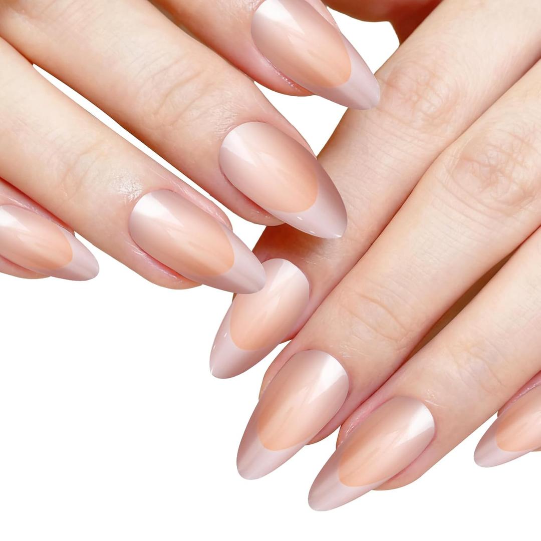 24PCS Pink Almond Press on Nails, Medium Acrylic Full Cover Stick on Nails for Women, Elegant French Nail Tips for Women Manicure, Nail Decoration