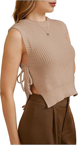 MakeMeChic Women's Tie Side Sweater Vest Tops Split Hem Knitted Sleeveless Crew Neck Tank Fall Top Khaki X-Small