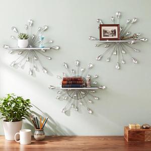 Yaocom 3 Pcs Bling Crystal Floating Shelves Metal Starbursts Wall Decor Folding Shelf Silver Teardrop Corner Shelves Hanging Wall Mounted for Storage Bedroom Living Room Kitchen Office Home Decoration