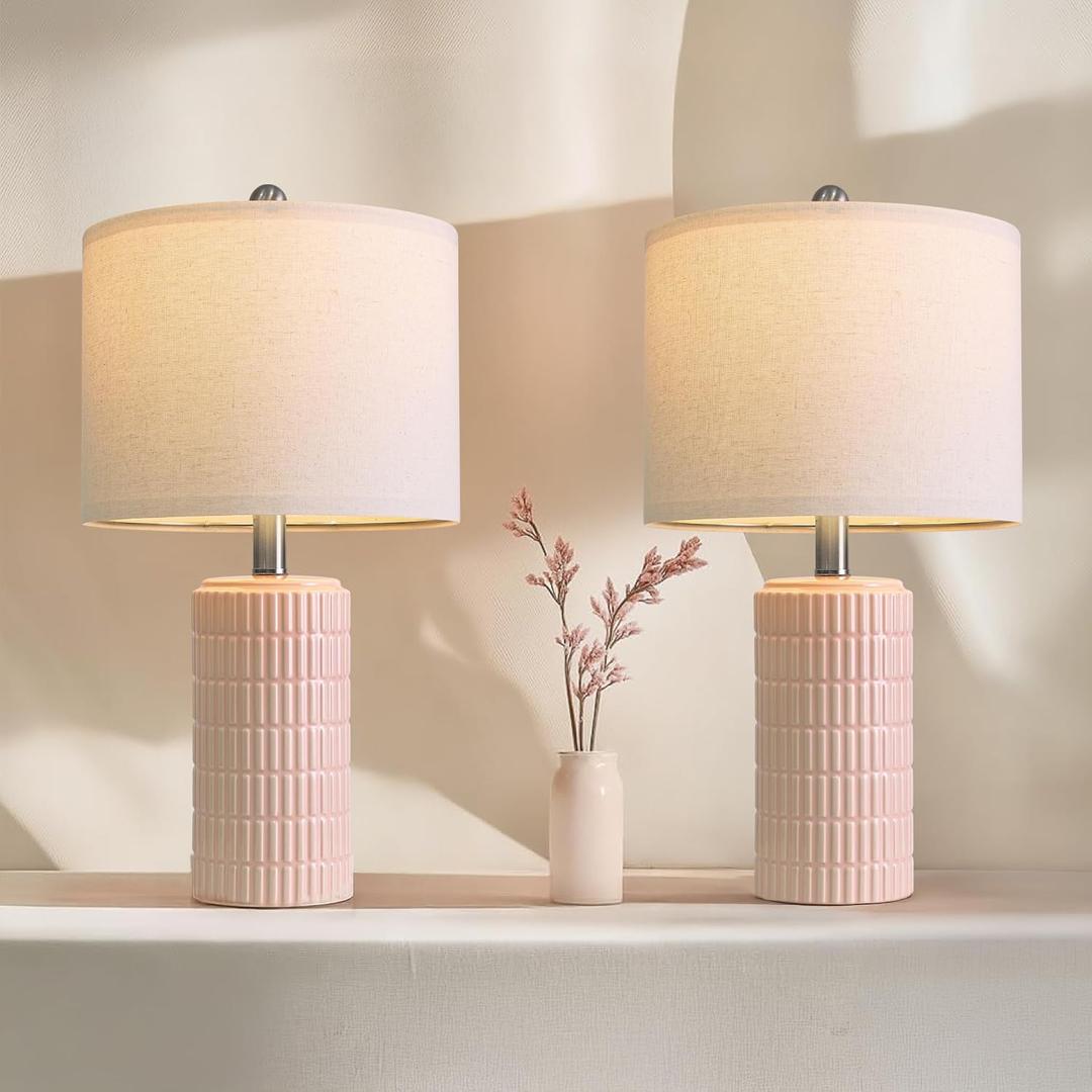 PoKat 20.75" Pink Ceramic Table Lamps Set of 2, Small Modern Bedroom Lamps for Girls Room, Bedside Lamps for Night Stands, Cute Lamps for Living Room Decor, Nightstands Desk Lamp, Light Pink