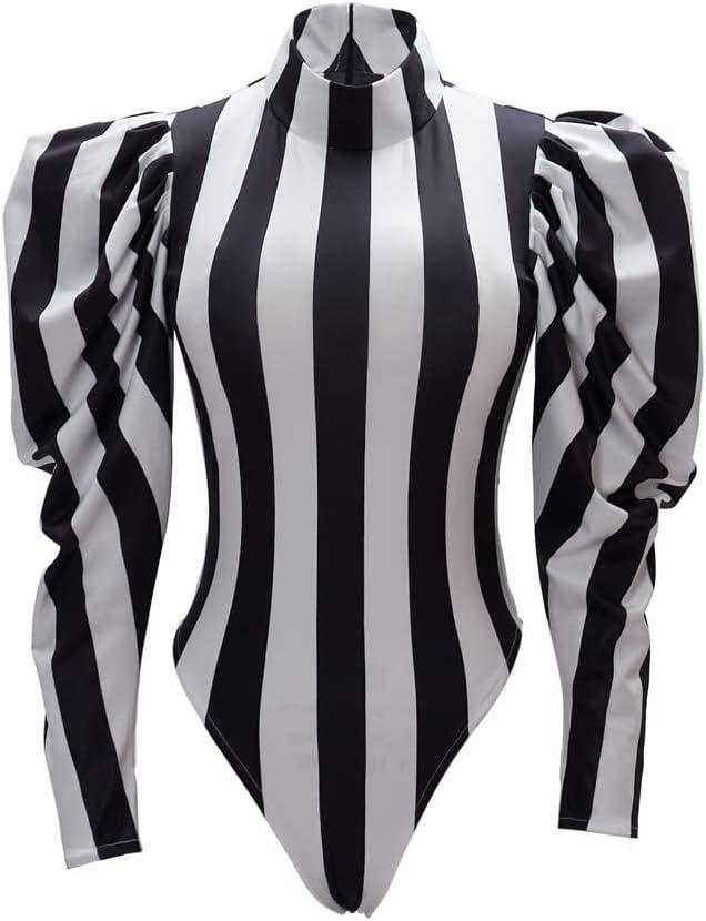 CosplayDiy Women's Black White Striped Jumpsuit Adult Sexy Bodysuit Cosplay Costume (Large)