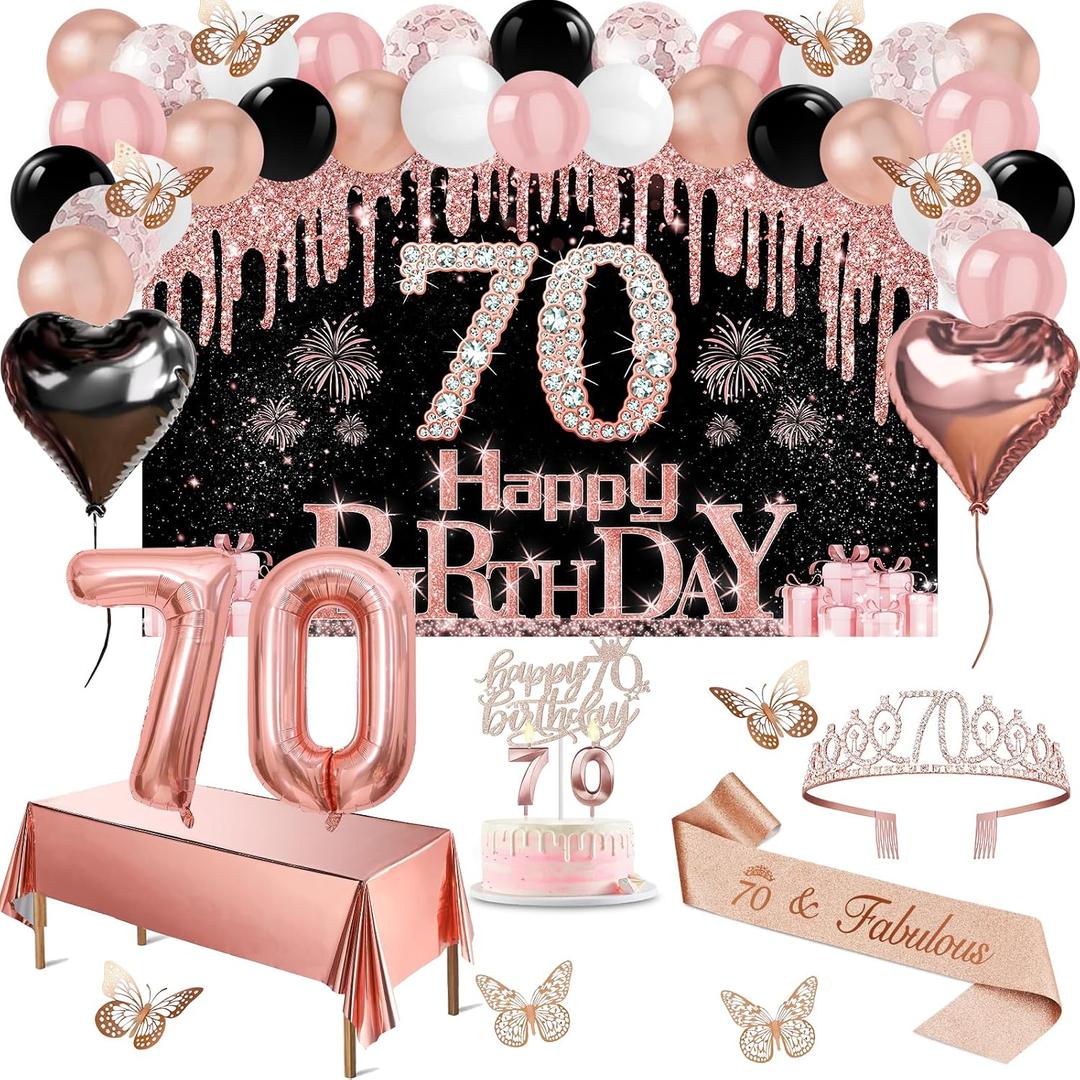 70th Birthday Decorations for Women, 49pcs Black Rose Gold Black Happy 70th Birthday Banner, Tablecloth, Butterfly Decor, Sash and Tiara, Cake Topper, Candles, Balloons Arch