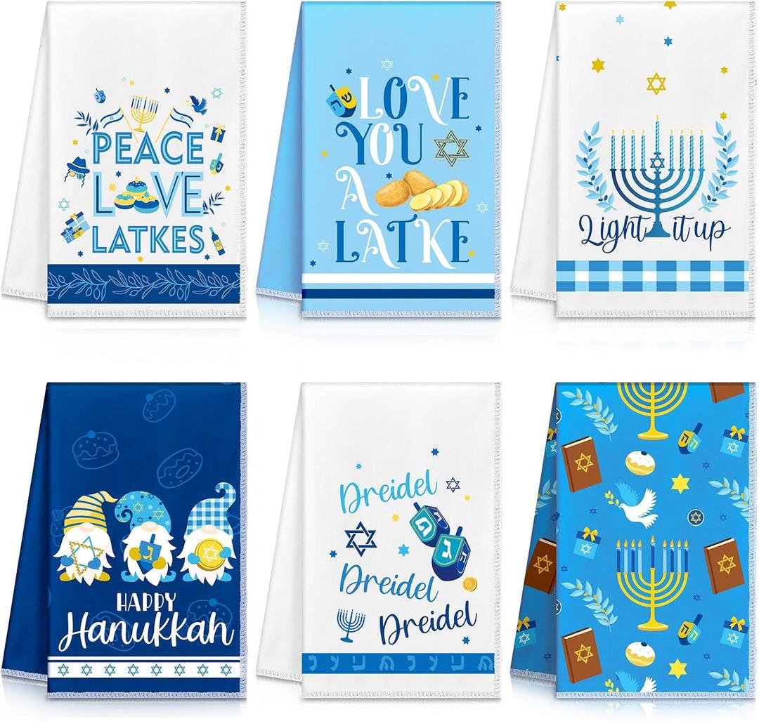 6 Pieces Hanukkah Kitchen Towels Hanukkah Decorations for Home Blue Menorah Gnomes Stars Happy Hanukkah Gift Candlestick Dish Towels Jewish Festival Tea Towel Hand Drying Towel for Cooking Baking
