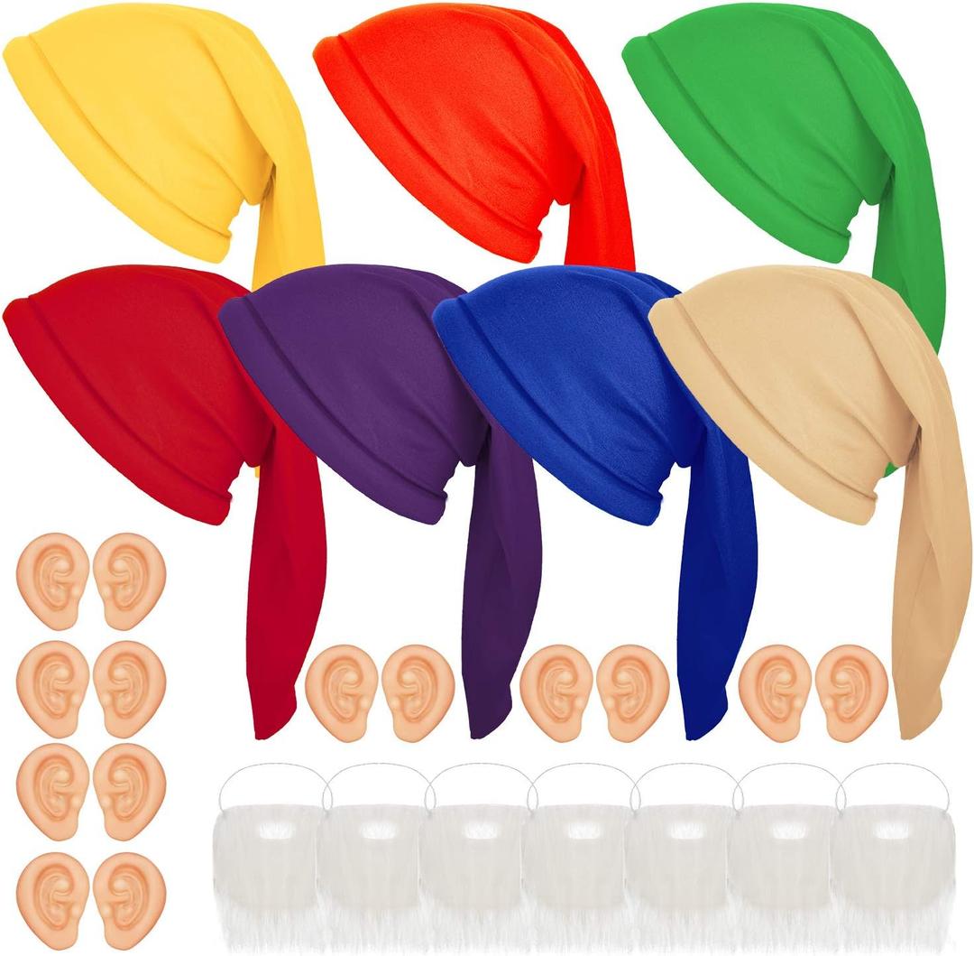 Geyoga 21 Pcs Dwarf Costume Hats with Fake Beard, Fake Ears for Halloween Christmas Fairy Dwarf Gnome Costume Accessory for Adults