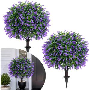 25.6" Artificial Topiary Ball Trees with Lavender, 2 Pack Artificial Shrubs Bushes with Ground Spike, Fake Plants for Outdoor Front Porch Decor UV Resistant