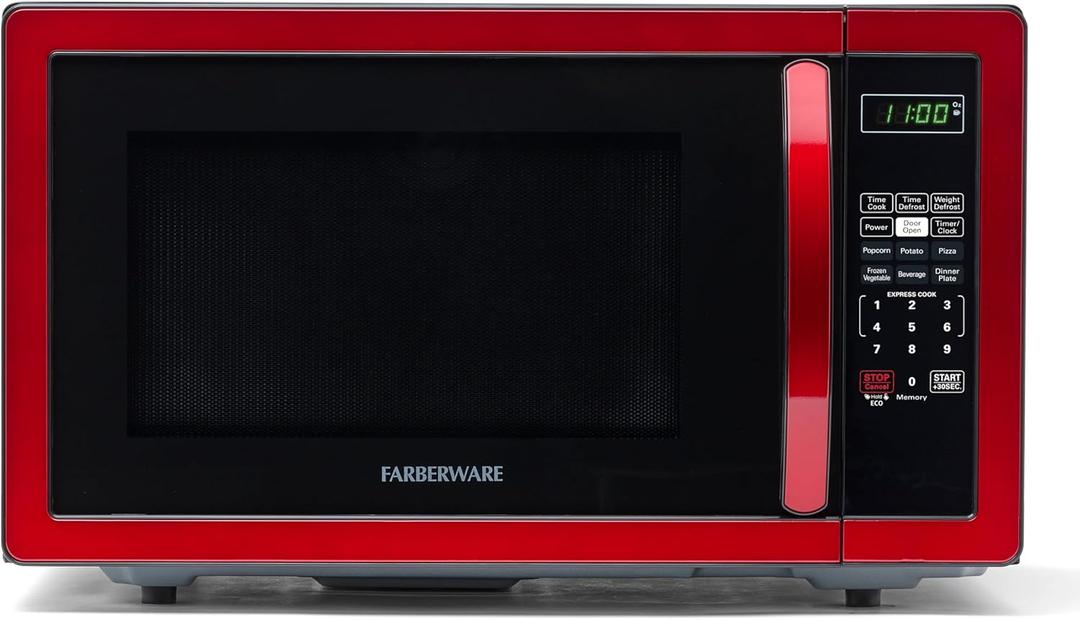 Farberware 1.1 Cu. Ft. Countertop Microwave Oven  1000 Watts Power, Auto Cook Settings, Defrost, Easy Clean and Child Safety Lock - Metallic Red