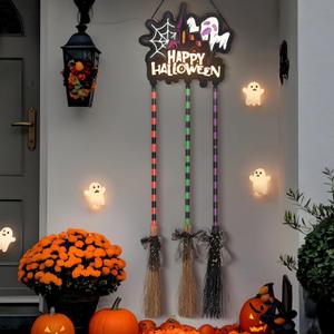 Halloween Decorations Halloween Porch Decor Light Cute Ghost Decoration with 3 Wooden Witches Brooms Hocus Pocus Clearance for Front Porch Walls Home Office Indoor Outdoor