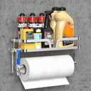 YIGII Garage Paper Towel Holder with Shelf, 2-in-1 Wall Mounted Shop Paper Towel Roll Holder, Stainless Steel Adhesive Spice Rack with 4 Hooks for Kitchen and Tool Room, Silver