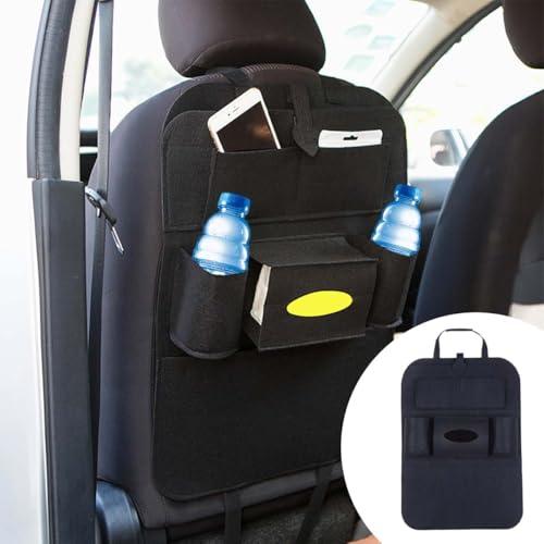 LAINLOY Felt Car Seat Back Organizer, Kick Mats Car Back Seat Protector for Kids, 6-Pocket Storage for Tissue, Box, Pen, Toy, Automobile Road Trip Accessories for SUV, RV, Truck (Black)