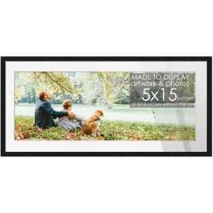 5x15 Black Wood Frame with White Mat | Matted 8x18 to 5x15 | UV Acrylic Shatter Guard, Foam Board Backing, Wall Hanging Hardware - Solid Pine