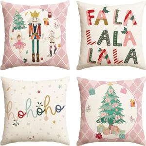 AVOIN colorlife Merry Christmas Nutcracker Pink Throw Pillow Covers, 20 x 20 Inch Winter Holiday Party Cushion Case Decoration for Sofa Couch Set of 4