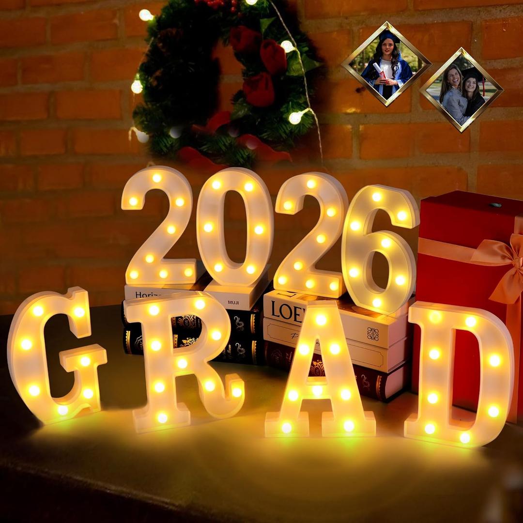 Forwe 2026 Graduation Decorations, 8 LED Marquee Light Up Letters GRAD 2026 Kindergarten High School College Graduation Decorations Party Supplies (White)