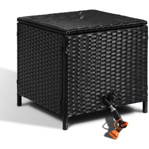 Decorative Garden Hose Storage Box with Lid, Weather Resistant Handwoven PE Rattan Water Hose Holder, Storage For Garden Tools, 200FT 5/8'' Hose Capacity (Black)