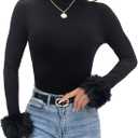 SOLY HUX Women's Fuzzy Mock Neck T Shirt Long Sleeve Fitted Ribbed Knit Tee Tops (Large)