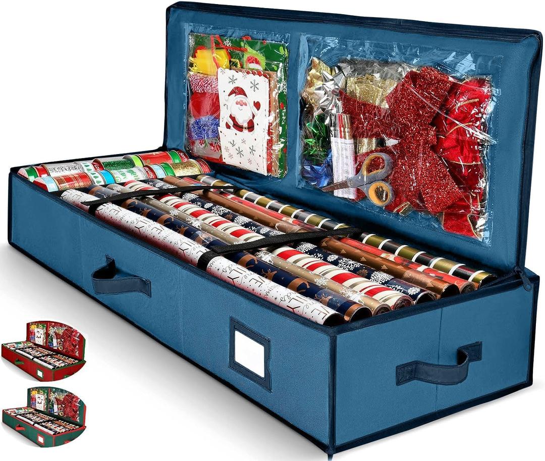 Premium Wrapping Paper Organizer Storage | Gift Wrap Holder with Extra Pockets for Christmas Decorations, Reinforced Handles, Heavy Duty, Ultra-Durable, Tear-Proof Fabric - Fits Up to 27 Rolls (Blue)