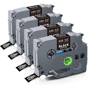 Unismar TZe-335 Compatible for Brother Ptouch 12mm 0.47 Laminated White on Black Label Tape TZ335 TZ Tape Work for Label Maker PTD220 PTD200 PTD210 PTD400 PTH100 PTH110 PT1280, 1/2'' x 26.2', 4-Pack