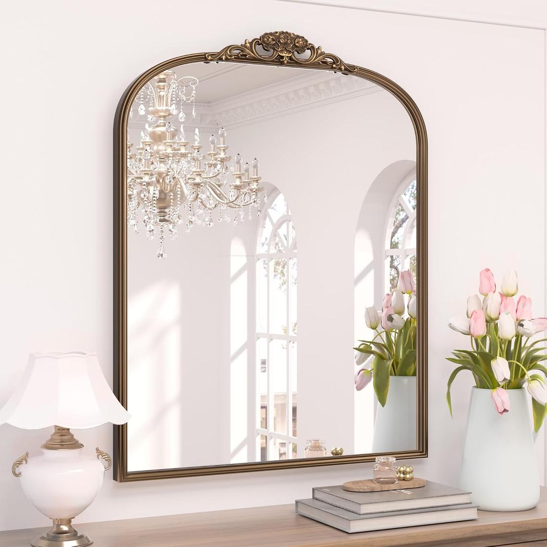 Keonjinn Gold Vintage Mirror 30" x 36", Antique Brass Mirrors for Wall Decor, Arched Decorative Mirror for Mantle, Hallway, Living Room, Fireplace, Bedroom, Bathroom Mirror with French Cleat Mounting