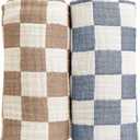 Ultra Soft Checkered Muslin Baby Blanket Pack of 2 Cotton Swaddles Bed Blankets for Babies and Toddlers Boys Newborn 42 x 42 inches (Blue and Coffee)